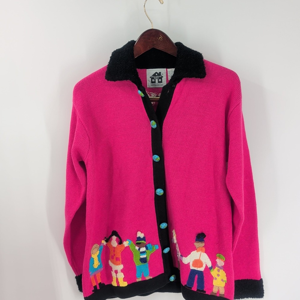 Vtg Storybook Knits Fuzzy Collar & Cuffs Embroidered Button-Front Sweater Pink M